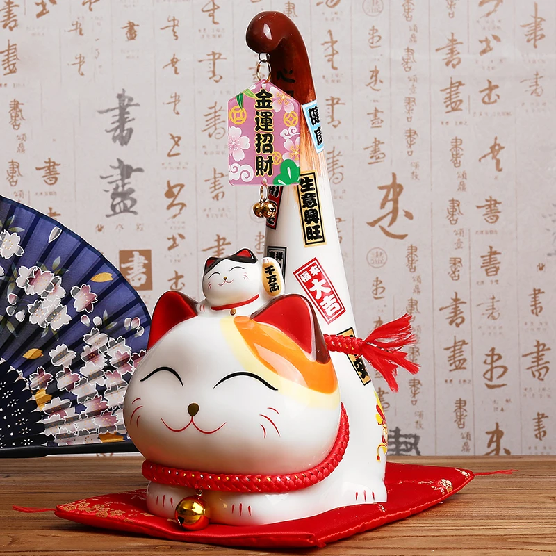 Maneki Neko Agitante In Ceramica - Gatto Portafortuna Giapponese Con Movimento Oscillante Per Decorazione Casa - Foto 13