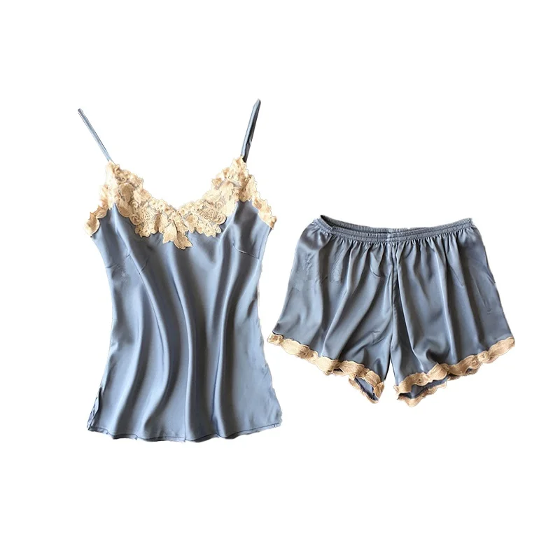 

Lisacmvpnel Embroidery Spaghetti Strap Women Pajamas Nightgown+Short Set Brand Hight Quality Pajama Set