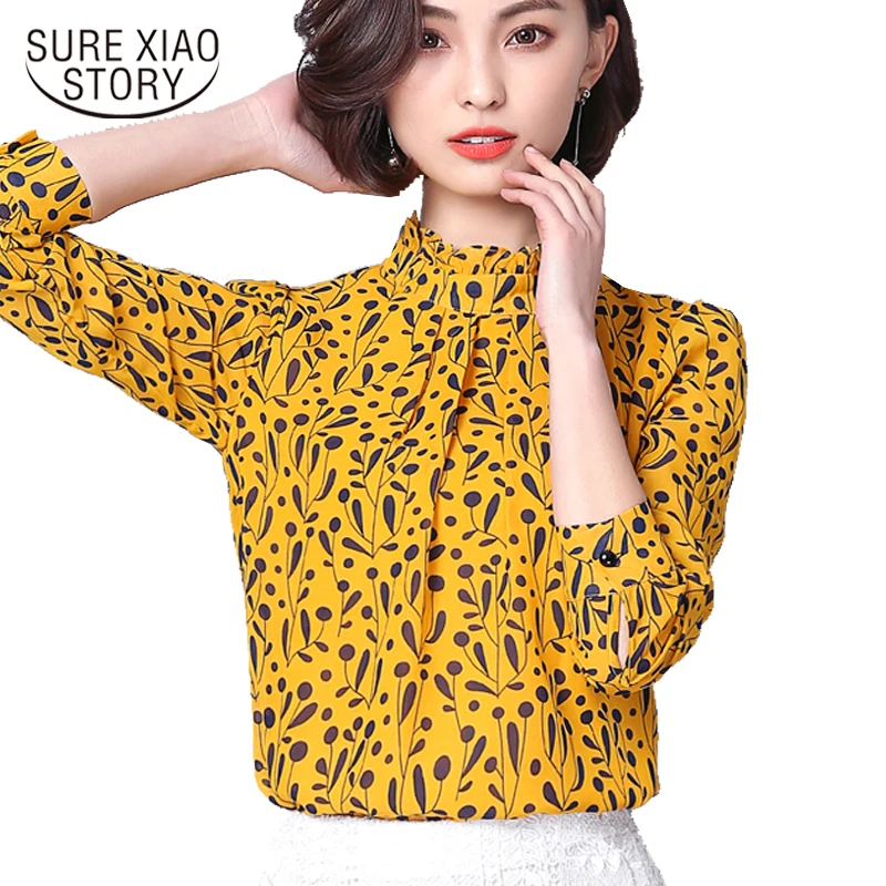 

2019 new spring fashion chiffon women clothing long sleeved blouses print slim casual style sweet female stand shirts d368 30