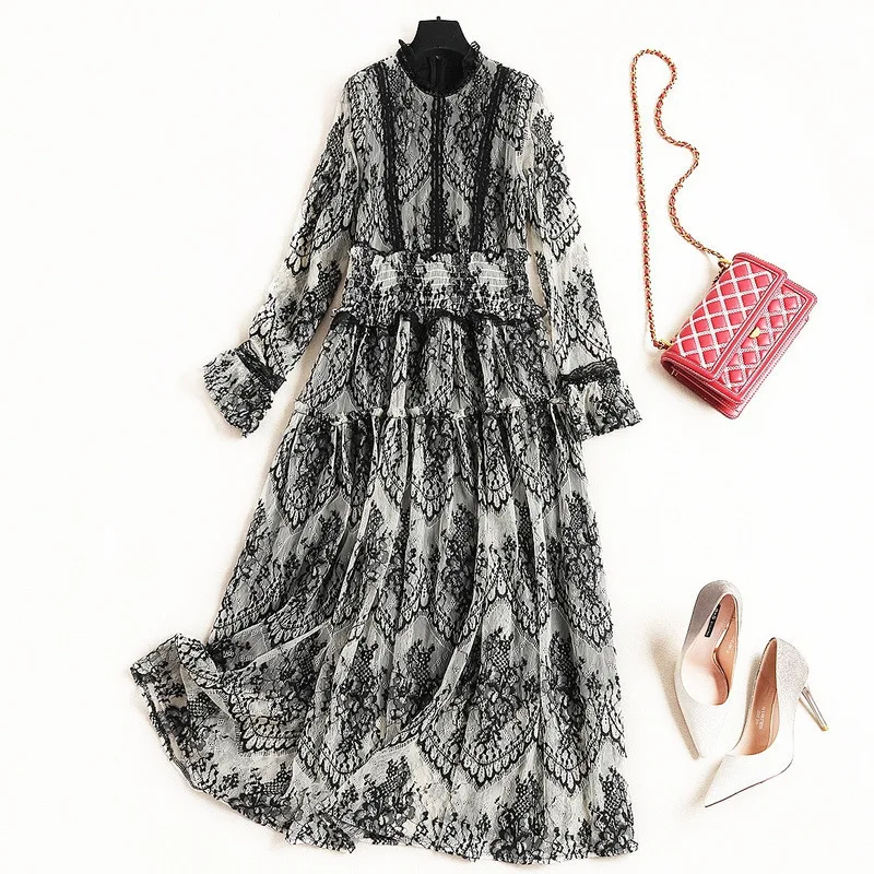 Женское кружевное длинное платье в готическом стиле с цветочным рисунком, плиссированное платье с песочным воротником и расклешенными рукавами, платья с высокой талией, новинка весны