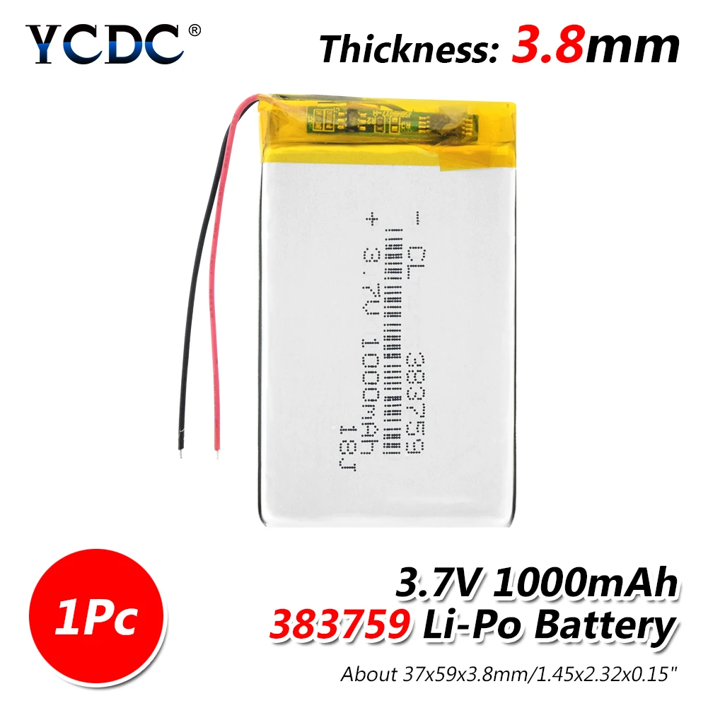 Аккумуляторная батарея 3,7 V 1000mAh Lipo литий-полимерный аккумулятор 383759 батареи для gps MP3 MP4 рекордер вождения - Цвет: 1 Pc