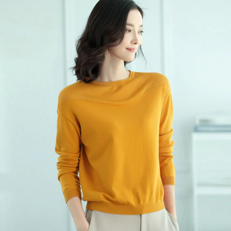 

women knitted sweater Long sleeve O-neck Solid color all match lady casual dress Lady office top