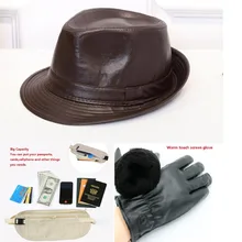 Комплект из 3-х предметов зима полная распродажа Открытый Унисекс ковбойской шляпе кожа черного Сенсорный экран перчатки большой Ёмкость талии сумка TZ01