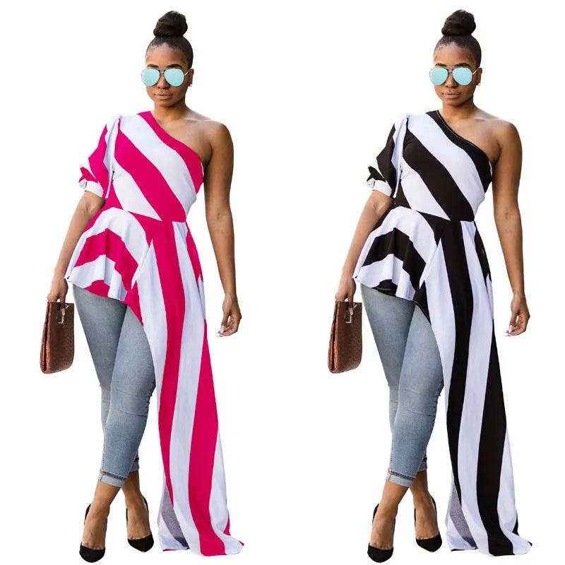 2018 Women Summer One Shoulder Striped Blouse Casual Irregular Tops Short Sexy Long Asymmetric Blouse Blusas Blouses