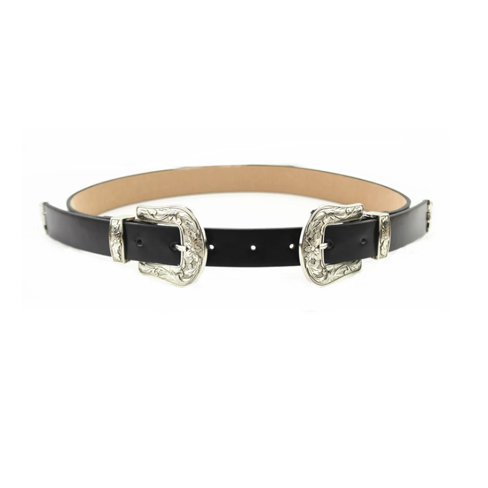 Double Buckle 3 Винтажные женские резные тонкие/двойные металлические ремни с пряжкой PU кожаный ремень для джинсов ремень KNG88 - Цвет: Double Buckle 3