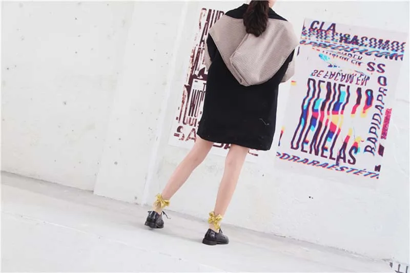 [WPLOIKJD] Блестящие Бантом Harajuku японский шелк носки для девочек мода ручной работы кружевные носки принцессы для женщин стиль Calcetines Mujer Sokken