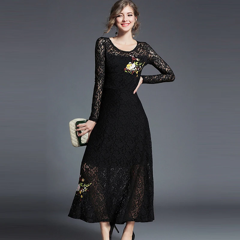 High End Lace Dress Summer 2018 Hollow Out Long Party Vintage Ladies