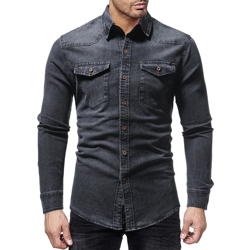 Black Denim Shirt Men Casual Fit Slim Long Sleeve Shirts 2019 Autumn Cotton Jeans Dress Shirt 5