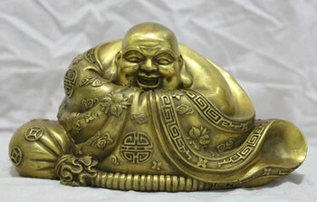 

Fast shipping 7'' China Folk Bronze Happy Laughing Buddha Statue Carry Money Bag