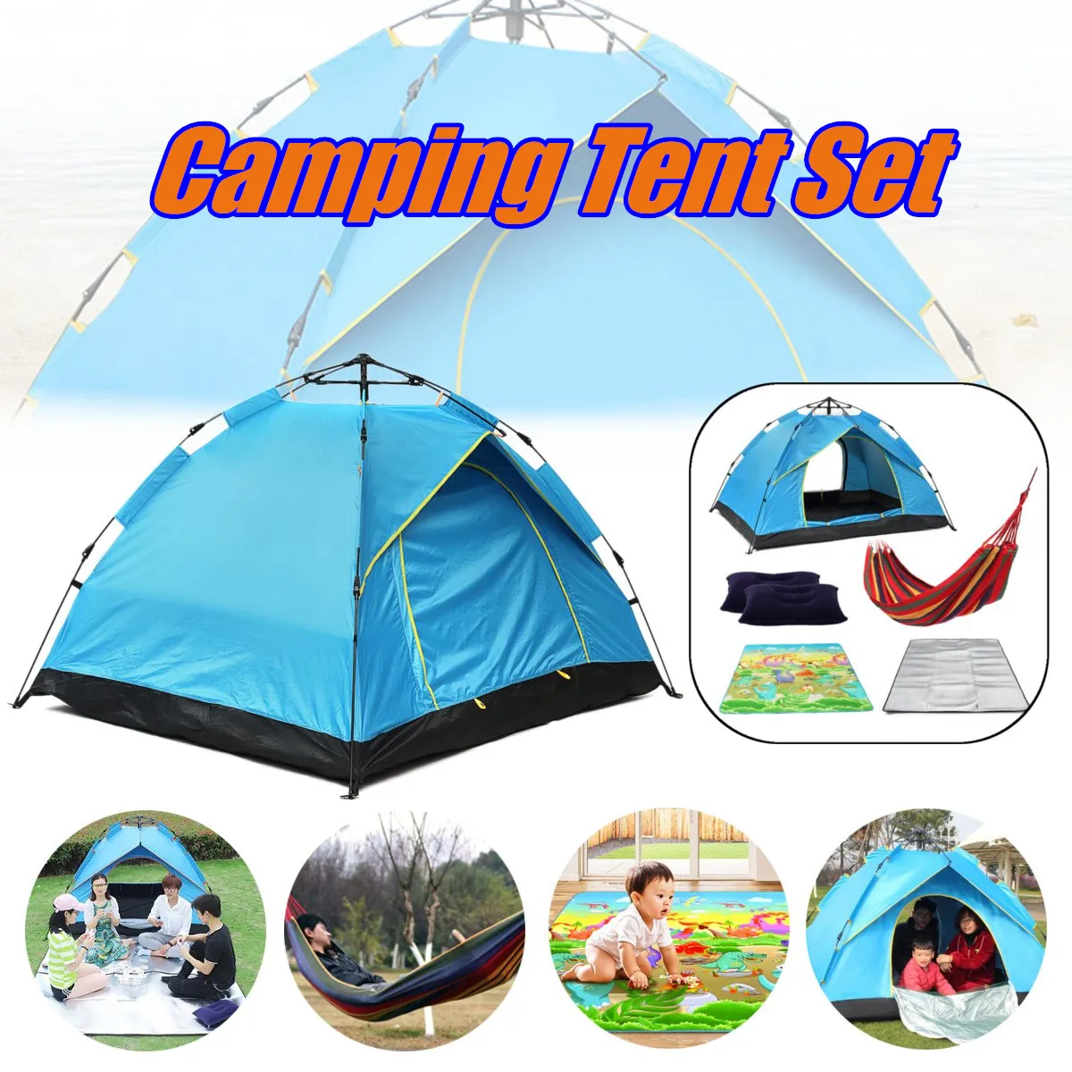 

Automatic Camping Tent 2 Persons Tent Instant Pop Up Open Anti UV Awning Tents with Hammock Picnic Mat 2xPad Pillow