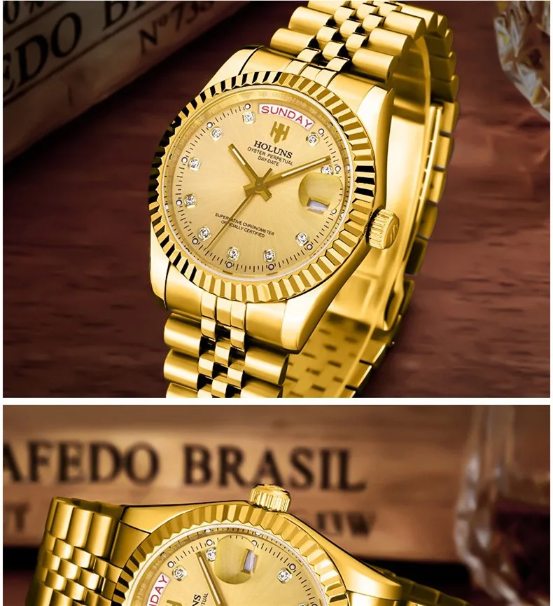 HOLUNS часы Для мужчин сапфировое стекло золотые часы Для мужчин автоматические механические нержавеющей Сталь Дата Неделя наручные часы relogio masculino