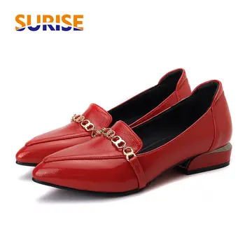 

British Women Loafers Red Patent Leather Pointed Toe Flats Metal Chain Oxfords Casual Vintage Moccasins Block Heels Ladies Shoes