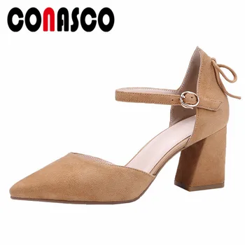 

CONASCO Elegant Women Genuine Leather Pumps Square Heeled Buckles Party Shoes Woman Concise Office Career Pumps Ladies Shoes