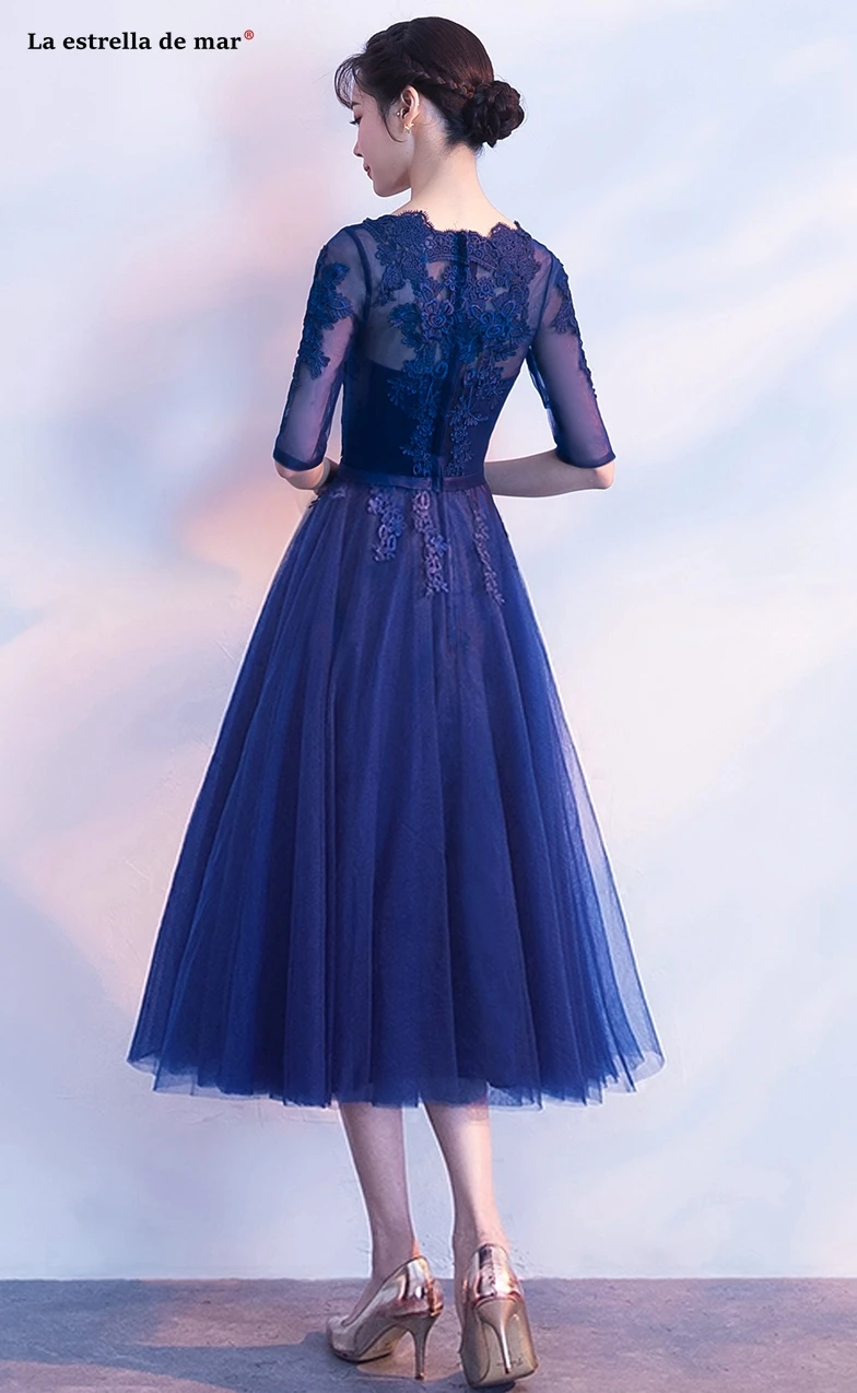 Vestidos para boda invitadas новые кружевные полурукава A Lina бордовые темно-синие цвета шампанского вечерние Вечерние Длина чая suknie na wese