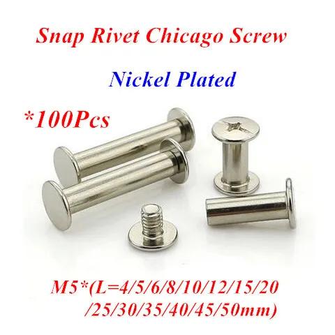 

100pcs M5*4/5/6/8/10/12/15/20/25/30mm Nickel Plated Account Books Screw , Snap Rivet Chicago Screw, Book Butt Binding Nails