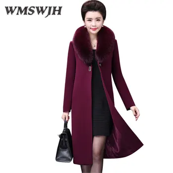 

Wmswjh Middle Age High Quality Fall Winter Woolen Coat 2019 New Women Mid Long Section Fox Fur Collar Fashion Slim Cashmere Coat