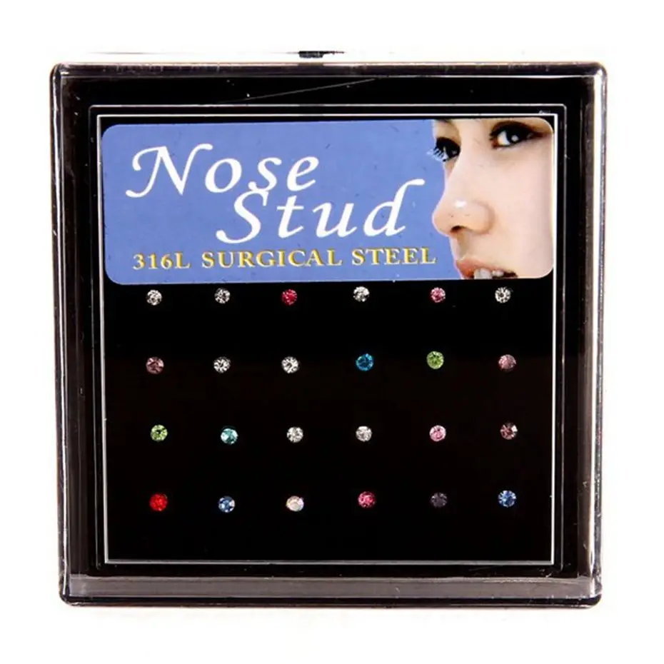 

24pcs 20G Nose Button Ring Medical Nostril Nose Stud Hiphop Steel Labret Lip Ring Body Piercing Jewelry Crystal Fake Ear Plugs