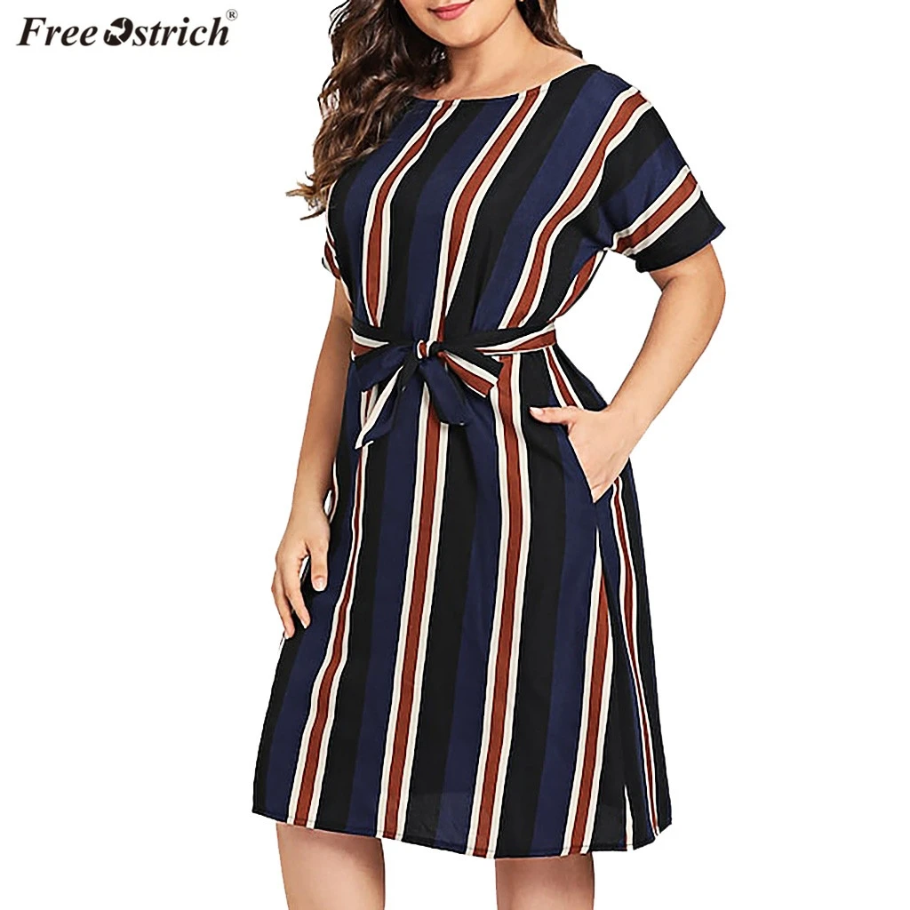 

FREE OSTRICH summer dress Women Stripe jurken Short Sleeve Plus Size A-Line Dress Tie Waist Dress girls sundress slim femme 2019