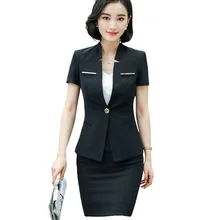 Новая Элегантная Женская юбка костюм деловая летняя официальная Мода v-образный вырез Тонкий Блейзер и юбка Офисная женская одежда больших размеров
