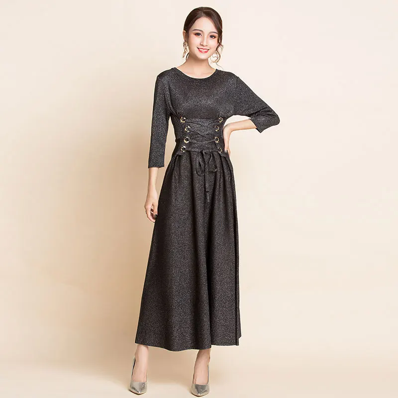 

High Quality Knit Vintage Dresses Fall 2019 Office Lady Dress Women Elegant Long Sleeve A-Line Bandage Long Black Bandage Dress