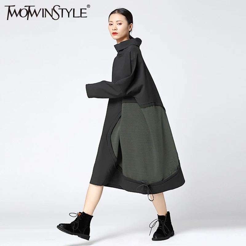 TWOTWINSTYLE Turtleneck Casual Dress Female Lace up Batwing Sleeve Patchwork Dresses Women Clothing Big Sizes 2018 Spring New | Женская