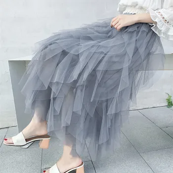 

WSYORE Irregular Maxi Skirts 2019 New Spring and Summer Casual High Waist Skirts Women Long Mesh Skirt Female Fairy Skirt NS1064