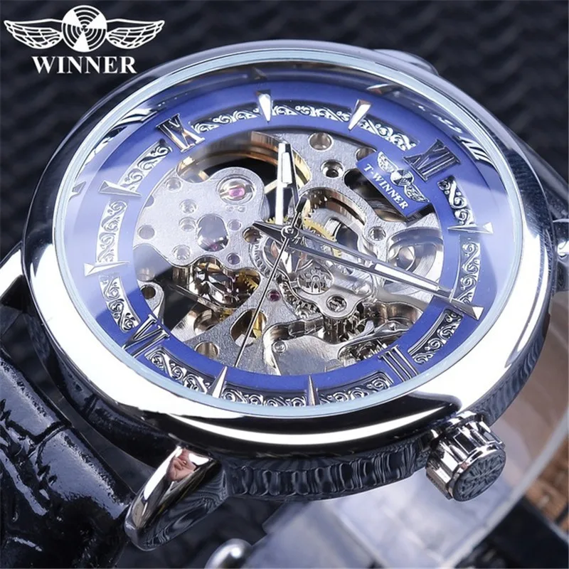 

Fashion Winner Top Brand Black Golden Retro Luminous Hands Casual Display Mens Mechanical Skeleton Wrist Watches Luxury Clock
