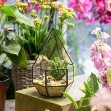 Handmade Hanging Geometric Six surface Diamond Glass Geometric Terrarium Tabletop Succulent Plant Box Planter Hanging Flower