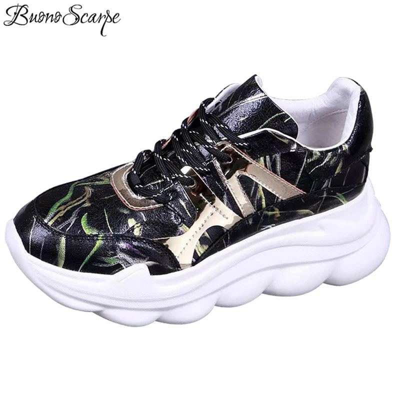 Buono Scarpe Mixed Color Women Casual Sneakers Ladies Platform Shoes Lace Up Genuine Leather Thick Sole Sneakers Sports Shoes