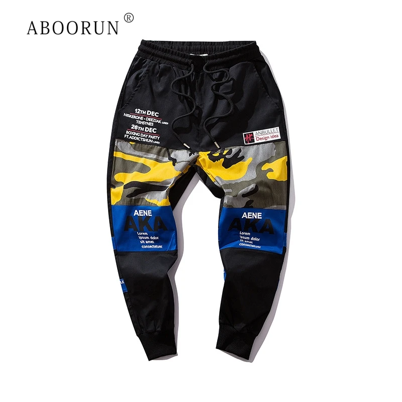 

ABOORUN Men's Hip Hop Pants Panelled Camou Printed Patchwork Drawstring Windbreaker Orignal Brand Slim Fit Pants for Male x2639