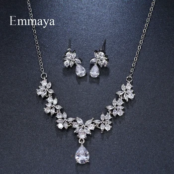 

Emmaya Brand Charm Flower Shape White Gold Color AAA Cubic Zircon Crystal Earrings Necklace Set For Women Bride Jewelry Gift
