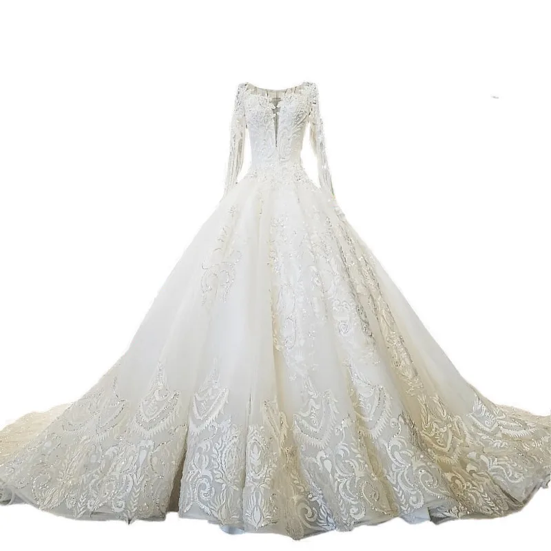2018 белый Шампанское кружево с длинным рукавом Королевский поезд свадебное платье спинки бальное Иллюзия Свадебные платья Реальное