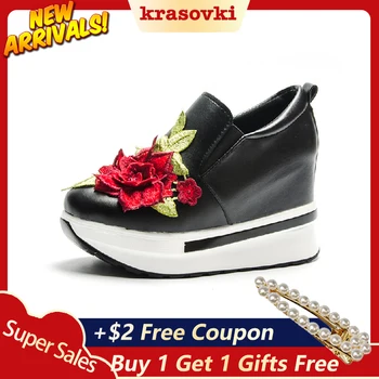 

Krasovki Brand 2019 Fashion Sneakers Women Platform Heel Rhinestone Casual Shoes New Pu Soft Women's Wedges Ladies Flower Shoes