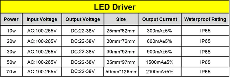 LED Driver 10W 20W 30W 50W 70W Adapter Transformer AC85V-265V to DC22-38V IP65 Power Supply 300mA 600mA 900mA 1500mA 2100mA