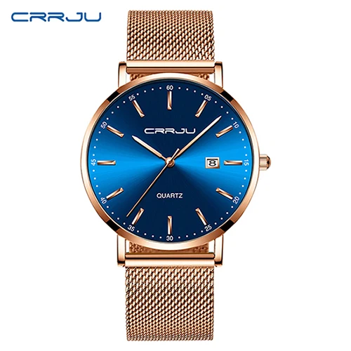 rose blue CRRJU Классический Бизнес розовый сетчатый ремень Стильные кварцевые часы мужские водонепроницаемые Дата Relogio Masculino Прямая поставка 2161 синий циферблат - Цвет: rose blue