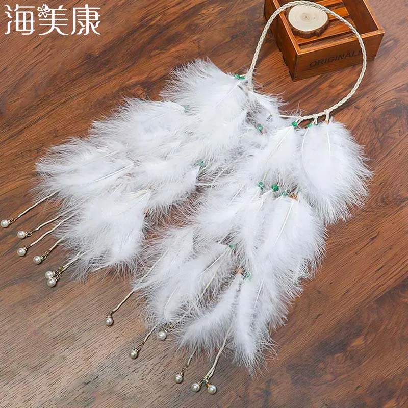 

Haimeikang White Bohemian Elegant Natural Feather Draped Long Braided Headband Hair Accessories Festive Feather Hair Band