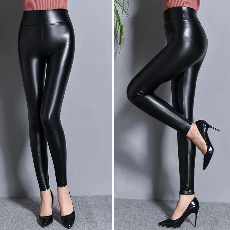 NORMOV Women Thick Leather Leggings Winter Black High Waist Warm Legging Women Plus Velvet Fashion Pu Leather Legging Femme yoga leggings