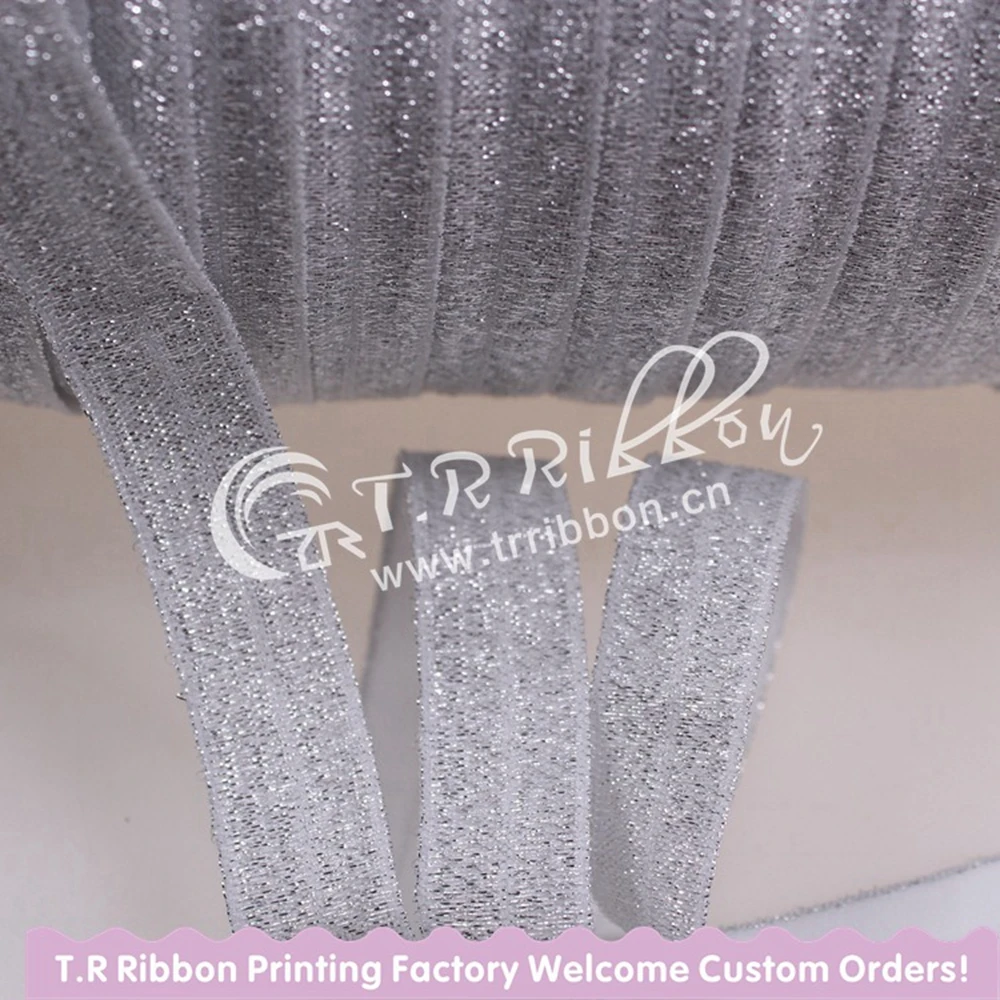 

Hot! 5/8 inch silver glitter folding over elastic thread foes white color for girls hair tie #90120, 100 yards/lot