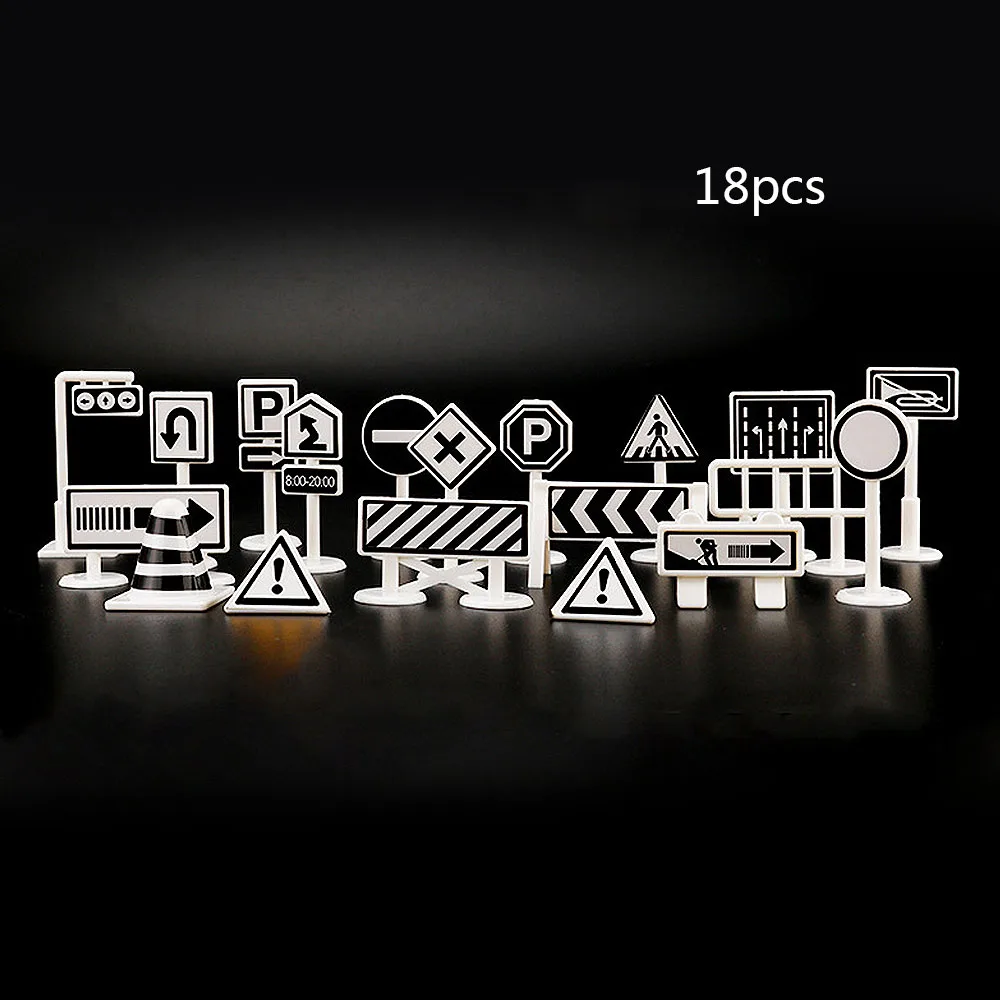 

18pcs Children Car Toy Parking Lot Sign Accessories Black and White Traffic Road Sign Alloy Car Set