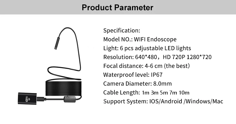 Диагностический инструмент полужесткая трубка iOS эндоскоп камера Android 720P Iphone бороскоп водонепроницаемый эндоскопический Wifi бороскоп