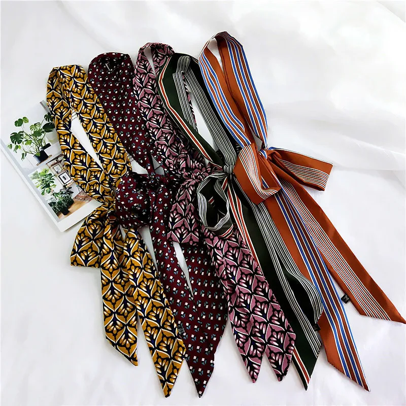 

Black White Fashion Wild Stripe Narrow Satin Scarfs Female Hair Tie Band Neckerchief Spring Summer Head Neck Skinny Scarf Female