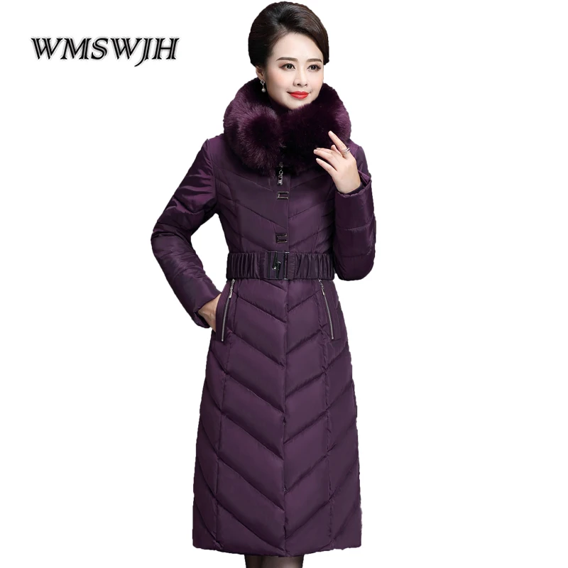 purple Новые зимние толстые теплые парки женские тонкие длинные стеганые куртки с меховым воротником куртки с капюшоном женская верхняя одежда плюс размер 5XL пальто - Цвет: purple