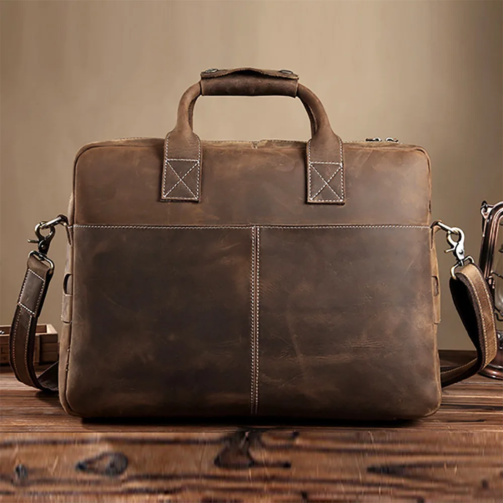 Top Quality Crazy Horse Men Briefcase Business Bag Luxury Cross Body Shoulder Bags Vintage Genuine Leather Laptop Tote Handbag genuine leather men business handbag laptop tote cross body briefcase brand famous crazy horse cowhide messenger shoulder bag