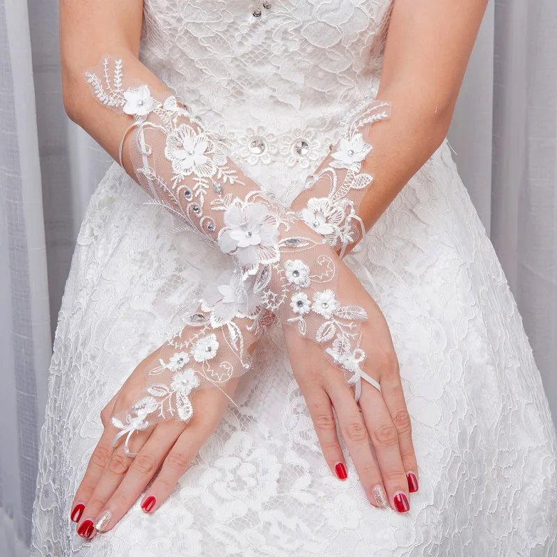 Длинные свадебные перчатки Кристаллы Бисероплетение Цветы без пальцев Свадебные перчатки для невесты Свадебные аксессуары