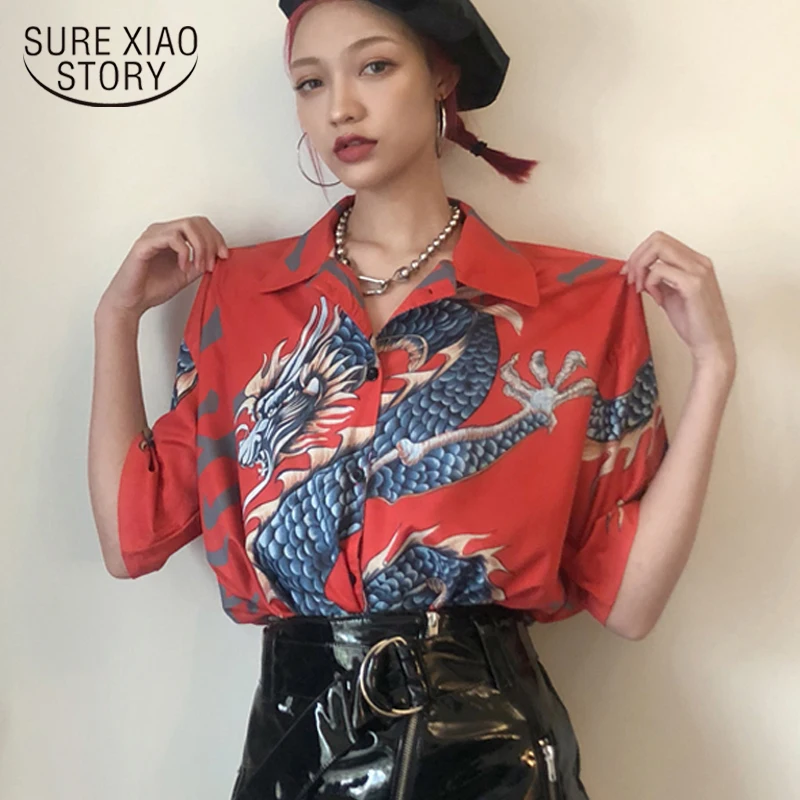Aliexpress.com : Buy Harajuku Blouse Women Dragon Print Short Sleeve ...