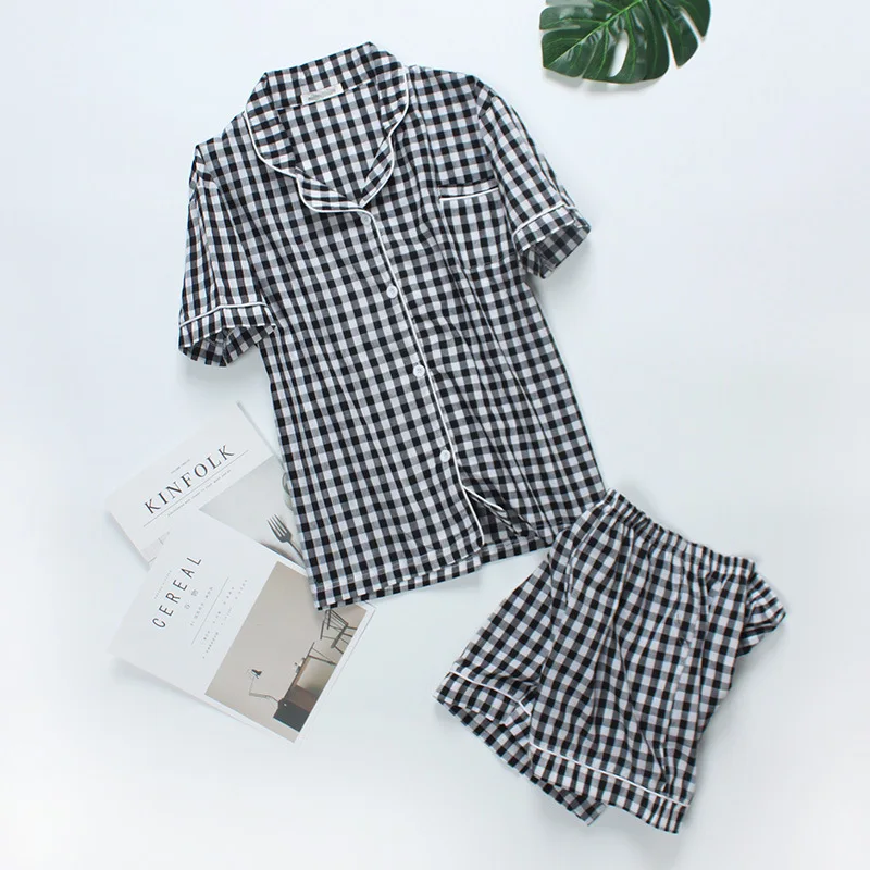 

2018 Summer Womens Pajamas 100% Cotton Plaid Short Sleeve Shorts Pijama Sets Ladies Loose Home Clothes Sleepwear Suits Pyjamas