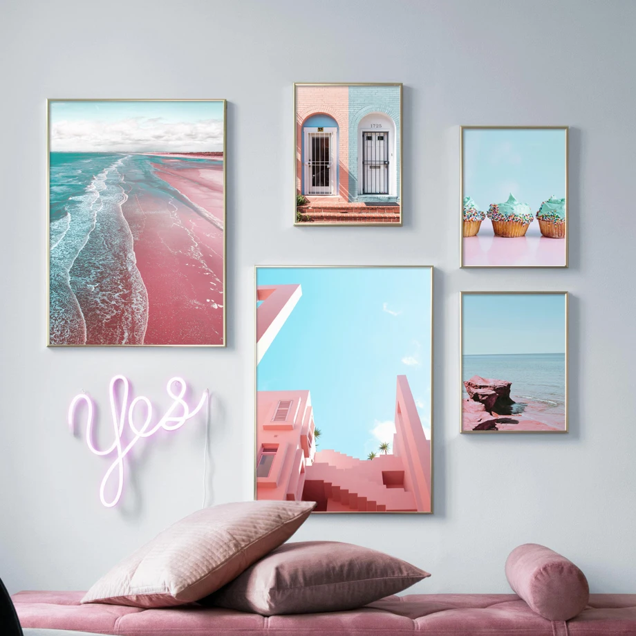 Pink Beach Sea Door Stone Stair Ice Cream Wall Art Canvas Painting Nordic Posters And Prints Wall Pictures For Living Room Decor