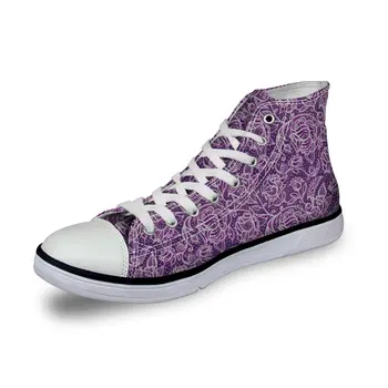 

WHEREISART Stylish Men's Women's High Top Floral Canvas Sneaker Lace up Flat Shoes Purple
