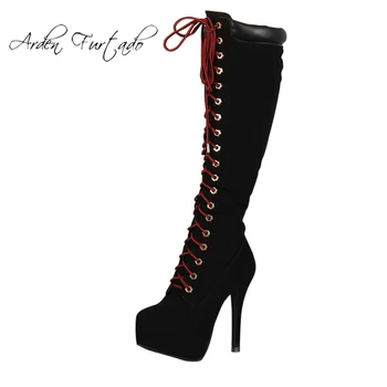 

Fashion add wool women's shoes in winter 2019 red cross lacing zipper stilettos heels mature waterproof suede knee high boots