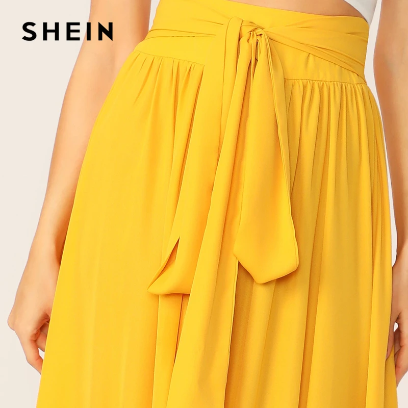 SHEIN Расклешенная Юбка С Поясом И Складкой Базовый Гардероб На Молнии Женская Одноцветная Юбка С Высокой Талией